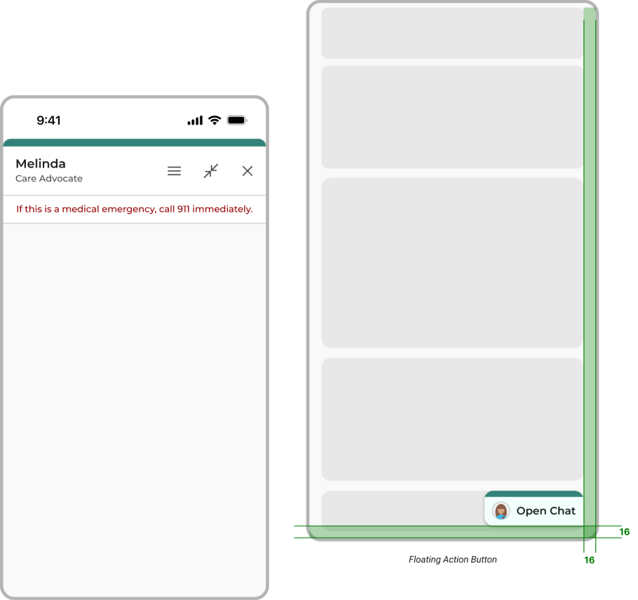 Mobile full-screen chat container and minimized floating action button 16px from the bottom-right
