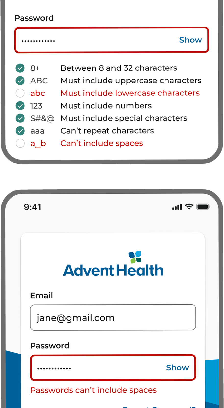 Sign-in screen and password requirement states