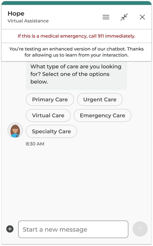 Chat window showing filter chips for care types such as Primary Care, Urgent Care, and Virtual Care