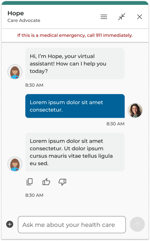 Hope chat window showing copy, thumbs up, and thumbs down feedback icon buttons below an AI generated message