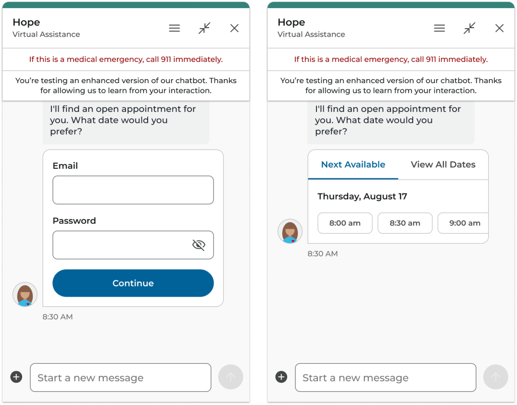 Two chat windows showing adaptive cards: a sign-in card with email and password fields, and an appointment card with available time slots