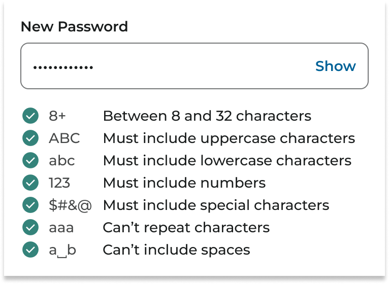 New password field with the complete password requirements list