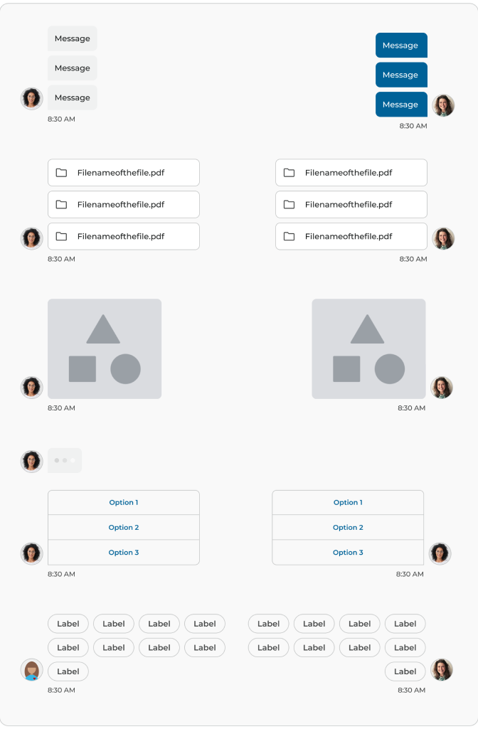 Chat content bases showing inbound and outbound bubbles, attachments, media, loading, options, and labels with time stamps