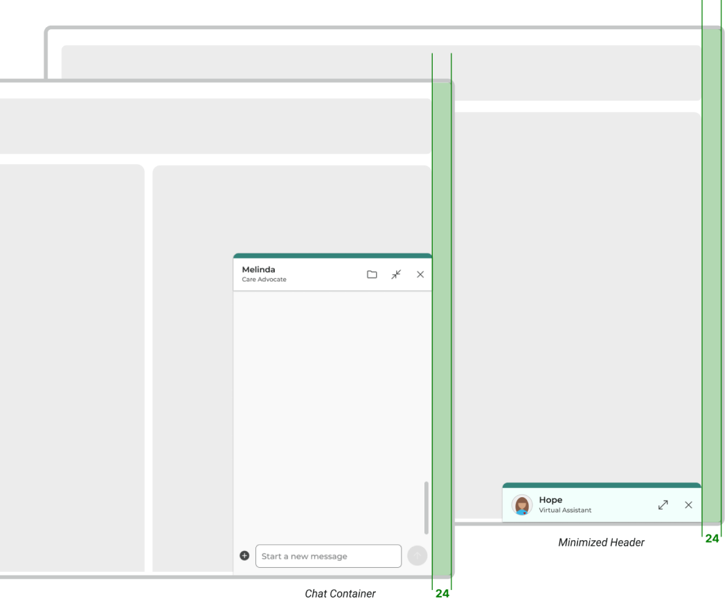 Web placement of the chat container and minimized header anchored bottom-right with 24px padding
