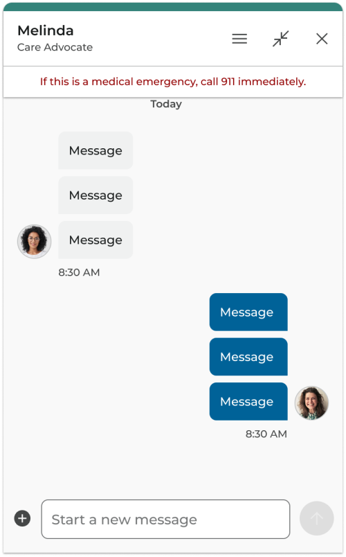 Chat conversation showing neutral inbound bubbles on the left and brand-colored outbound bubbles on the right with time stamps