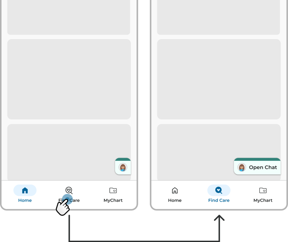 Two phone screens showing the Chat FAB disappearing and reappearing between page transitions in extended and compact states