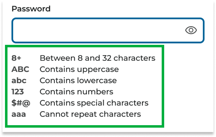 Existing password requirements helper text highlighted