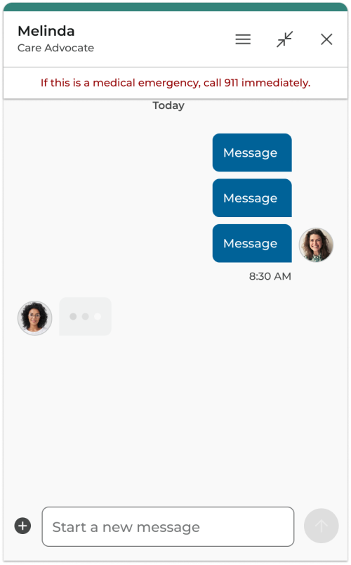 Mobile chat window showing a typing indicator with three animated dots in an inbound bubble