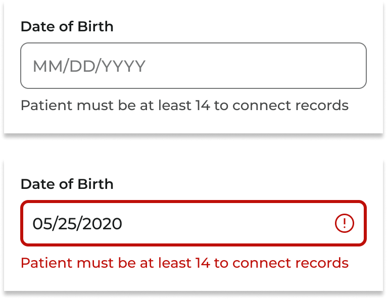 Date of Birth field helper text and error state after implementing visual signifiers