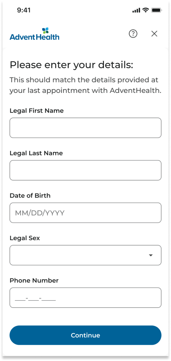 Existing record connection form asking patients to enter their details