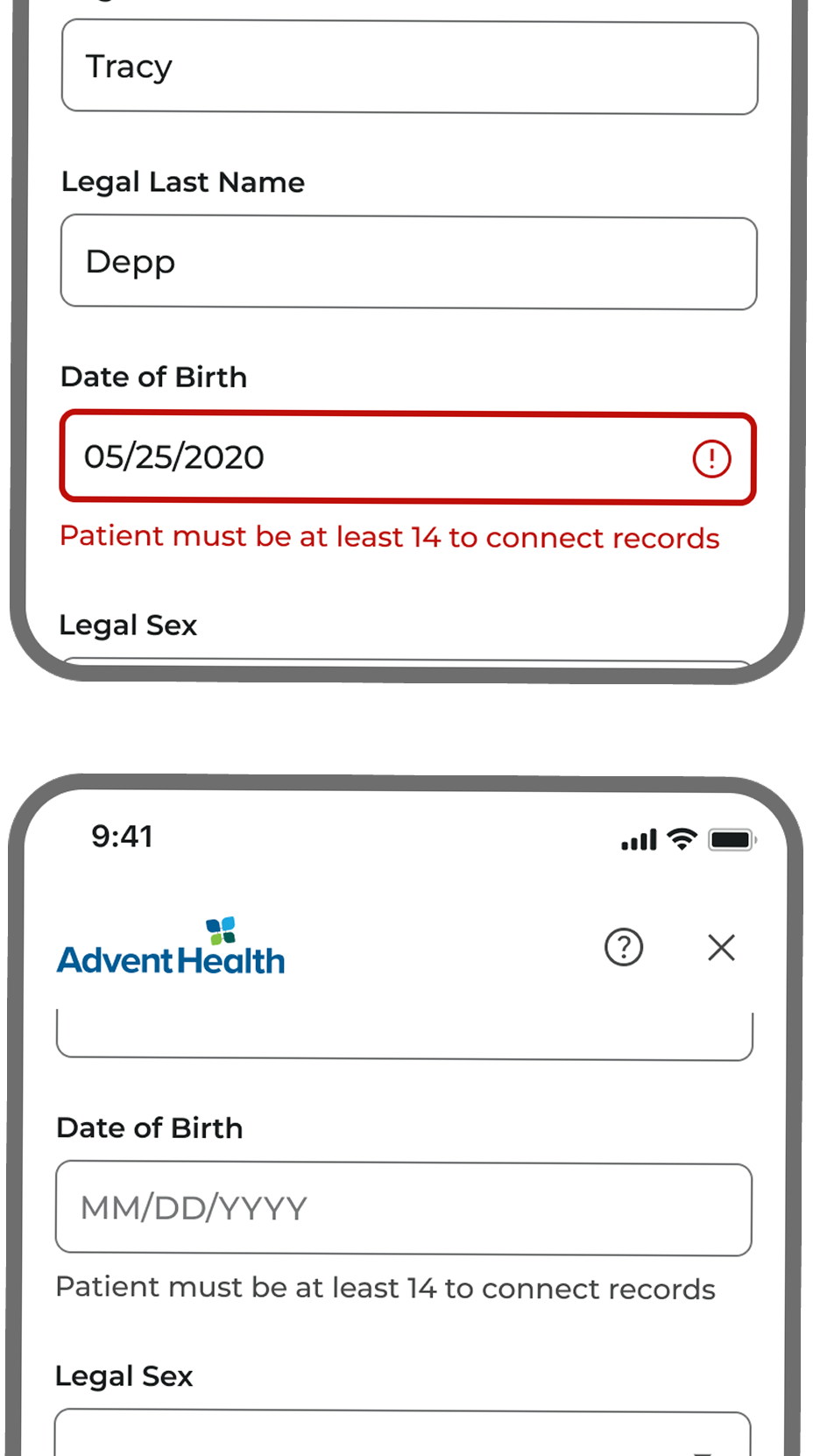 Date of birth field with age validation messaging
