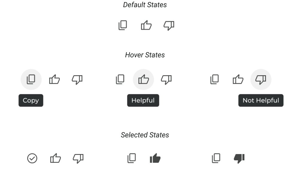 Default, hover with tooltips, and selected states for the copy, thumbs up, and thumbs down feedback icon buttons