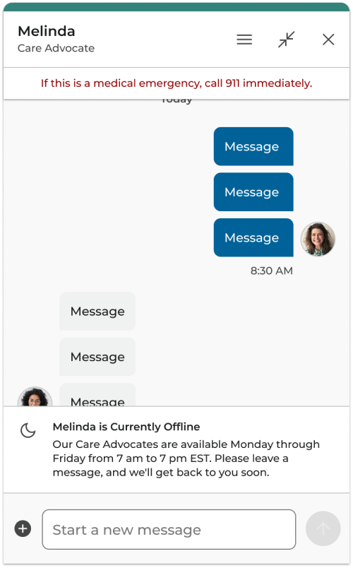 Chat window showing a system message stating the care advocate is currently offline with availability hours