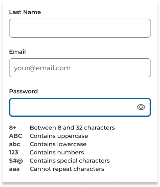 Existing account creation password screen