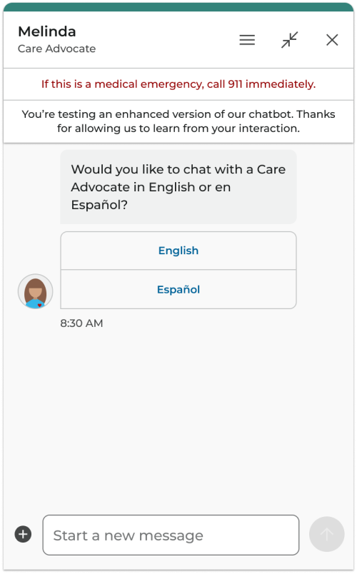 Chat window showing quick action buttons for English and Español language selection